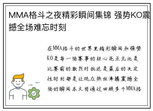 MMA格斗之夜精彩瞬间集锦 强势KO震撼全场难忘时刻