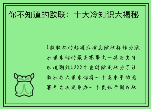 你不知道的欧联：十大冷知识大揭秘