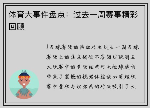 体育大事件盘点：过去一周赛事精彩回顾